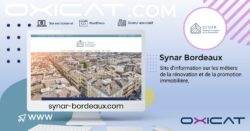 Un graphique numérique présente le site web de Synar Bordeaux sur un écran d'ordinateur, avec des vues aériennes de la ville. Le texte souligne que Synar Bordeaux est un centre de rénovation et de promotion immobilière. La marque Oxicat et les icônes du site apparaissent sur l'ensemble de l'image.