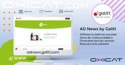 Une bannière numérique pour ADN'ews by Galitt présente un écran d'ordinateur affichant le site web d'AD News, des logos de WordPress et d'autres plateformes, ainsi qu'un texte promouvant la plateforme de contenu des services de paiement de Galitt.