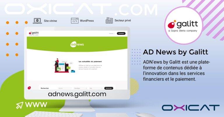 Une bannière numérique pour ADN'ews by Galitt présente un écran d'ordinateur affichant le site web d'AD News, des logos de WordPress et d'autres plateformes, ainsi qu'un texte promouvant la plateforme de contenu des services de paiement de Galitt.