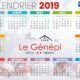 Un calendrier 2019 avec les mois en français, sur fond d'images enneigées et de décorations de Noël rouges. Le nom du Génépi et de l'Hôtel Mèribel, ainsi que leurs coordonnées et une note sur leurs services WordPress experts, sont bien visibles dans le coin supérieur droit.