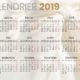 Calendrier 2019 en français présentant les mois, les jours de la semaine et les dates. Sur un fond de tissu drapé, il met subtilement en valeur notre expertise en création WordPress. Notre nom et notre site web sont élégamment affichés en haut à droite.