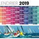 Un calendrier 2019 coloré est affiché au-dessus d'une photo dynamique de voiliers en course, insufflant une créativité digne d'un site web de création. Les mois sont codés en orange, rouge, violet, bleu et vert. L'image inclut le site web www.statim-rh.fr.