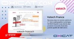 Un graphique promotionnel pour Vatech France présente un ordinateur affichant une offre de radiographie dentaire. Le texte présente Vatech France comme un leader de la radiographie numérique avec des produits innovants, ainsi que le site web vatech-france.fr.