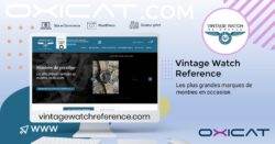 Un écran d'ordinateur affiche le site web de Vintage Watch Reference avec des montres de luxe. L'arrière-plan présente le logo et la marque Oxicat, tandis que le texte met en avant les services eCommerce, WordPress et d'hébergement privé de Vintage Watch Reference.