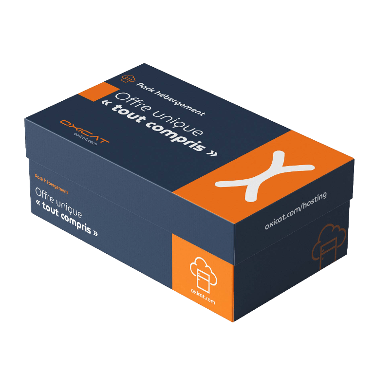 Une boîte rectangulaire bleu foncé et orange avec Offre Unique tout compris et Oxiat Hébergement Web écrit sur le couvercle et le côté, ainsi qu'une icône de nuage et l'URL du site web oxiat.com/hosting.