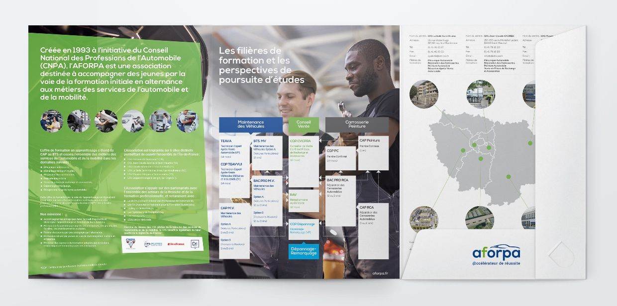 Brochure de deux pages aux couleurs vertes et blanches présentant des informations sur la formation. La page de gauche comporte des photos, du texte et un organigramme ; la page de droite comporte une carte de la région Île-de-France et le logo de l'atforpa.