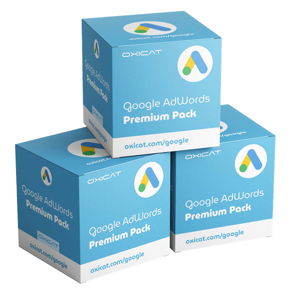 Trois boîtes bleues étiquetées Google AdWords Premium Pack avec le logo Google AdWords, empilées les unes sur les autres. Le site web oxicat.com/google est imprimé sur les boîtes.