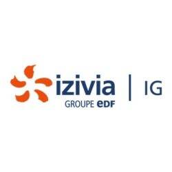 Logo pour IZIVIA IG Groupe EDF. Le logo comporte un symbole abstrait orange à gauche, suivi du texte "izivia" en bleu, "GROUPE EDF" en dessous, et "IG" en bleu à droite.