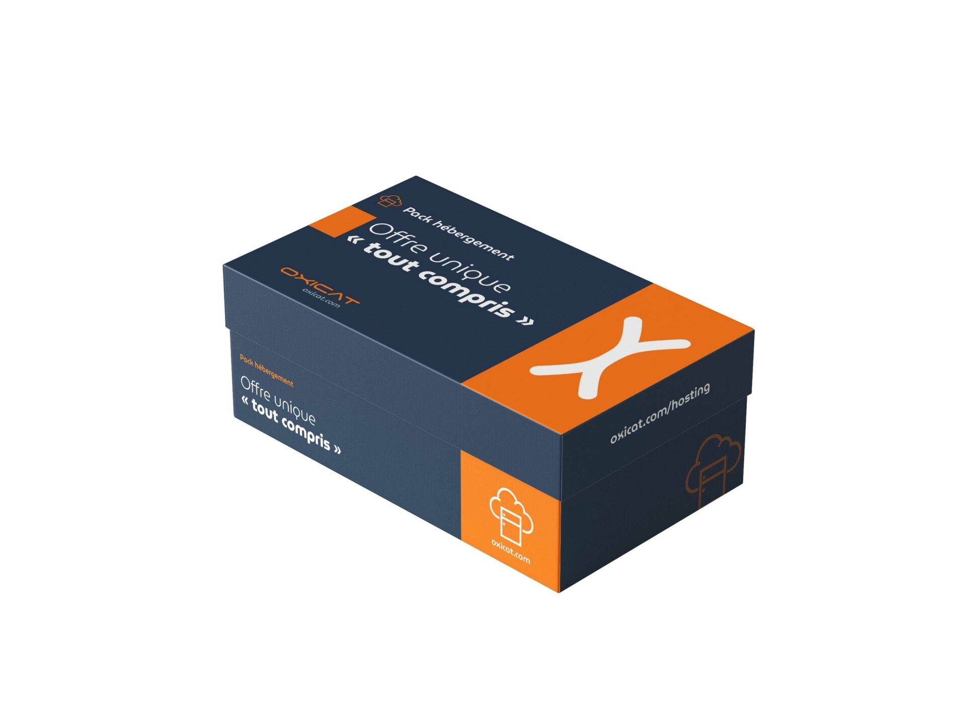 Une boîte rectangulaire bleue et orange sur laquelle sont imprimés les textes Offre unique tout compris et oxiket.com/hebergement, avec un grand X orange sur le couvercle.