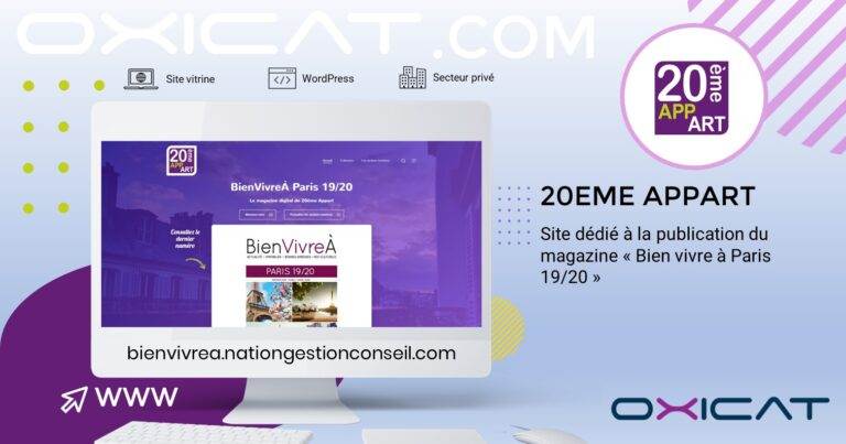 Graphique numérique promouvant 20EME APPART, un site web pour le magazine Bien vivre à Paris 19/20. Elle comporte une capture d'écran du site, des logos, du texte et l'URL bienvivrea.nationgestionconseil.com.