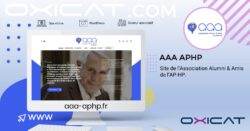 Un graphique promotionnel pour AAA APHP montre un écran d'ordinateur affichant le site web de l'association, le logo et un texte décrivant le site comme étant celui d'Alumni & Amis de l'AP-HP. Le logo OXICAT et les caractéristiques du site sont également visibles.