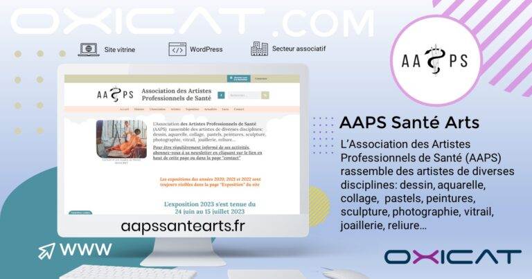 Capture d'écran du site web de l'AAPS Santé Arts, montrant des informations sur une exposition d'art. Le site présente un texte sur l'association, son logo, les dates des événements et mentionne diverses formes d'art telles que le dessin, la peinture et la photographie.