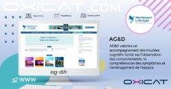 La page d'accueil d'un site web pour Montessori Lifestyle est affichée sur un écran d'ordinateur, avec un texte décrivant les services de soutien cognitif d'AG&D. L'arrière-plan comporte des logos, des formes abstraites et l'URL du site ag-d.fr.