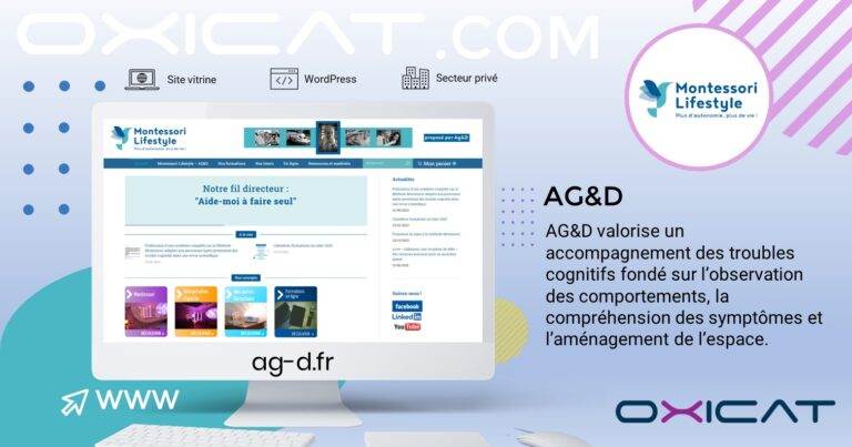 La page d'accueil d'un site web pour Montessori Lifestyle est affichée sur un écran d'ordinateur, avec un texte décrivant les services de soutien cognitif d'AG&D. L'arrière-plan comporte des logos, des formes abstraites et l'URL du site ag-d.fr.