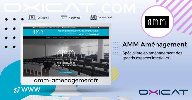 Publicité numérique présentant un écran d'ordinateur affichant le site web d'AMM Aménagement, avec un texte décrivant AMM comme un spécialiste de l'aménagement de grands espaces intérieurs. Un lien vers le site web, des logos et des accents géométriques sont également visibles.