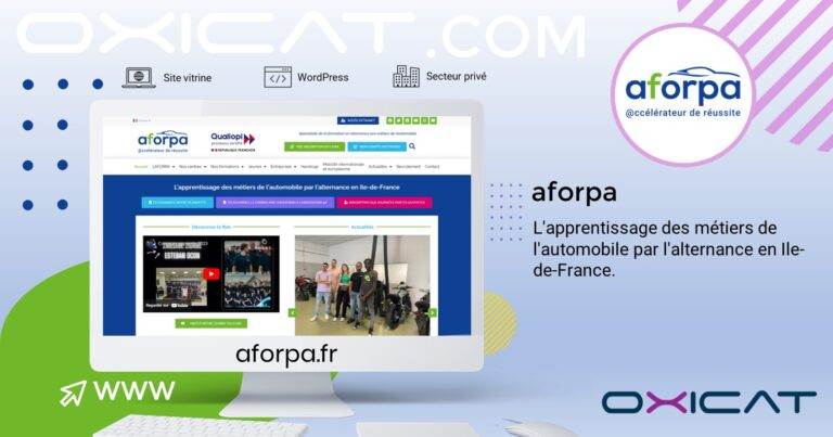 Graphique numérique représentant la page d'accueil du site web de l'aforpa sur un écran, avec le logo de l'aforpa et une description : Lapprentissage des métiers de lautomobile par lalternance en Ile-de-France. L'adresse web aforpa.fr est incluse.