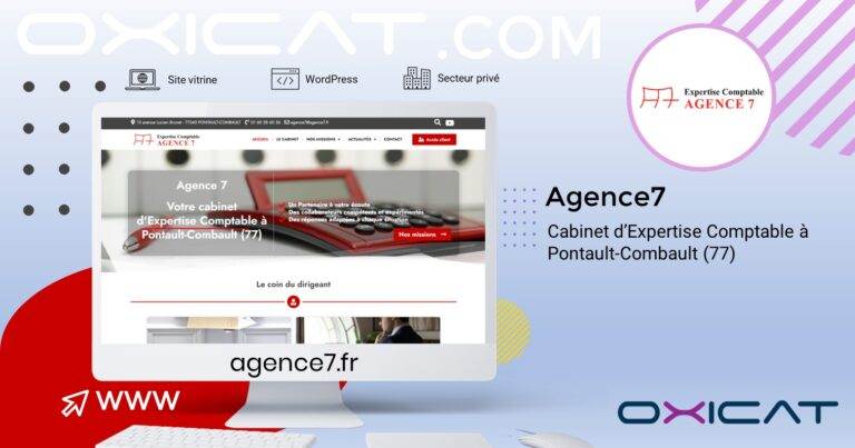 Une diapositive de présentation numérique montre Agence7, un cabinet d'expertise comptable à Pontault-Combault (77). La diapositive présente la page d'accueil du site, le logo, la description et l'adresse web agence7.fr. Le design comporte des accents rouges et bleus.