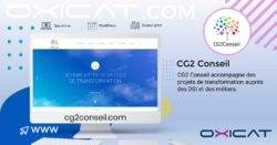 Graphique promotionnel pour CG2 Conseil, présentant un bureau avec le site web de CG2 Conseil, le logo de la société et un texte décrivant leurs services de projets de transformation pour les départements informatiques. Le design comporte des accents bleus et roses.