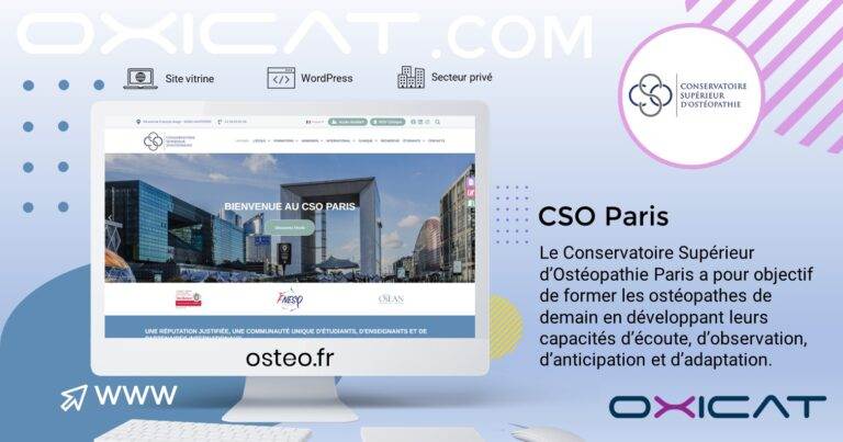 Graphique promotionnel pour le CSO Paris montrant un bureau avec le site web du CSO Paris à l'écran, des logos et une brève description de la formation des futurs ostéopathes. Le logo du Conservatoire Supérieur d'Ostéopathie est visible.