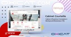 Un écran d'ordinateur affiche le site Internet du Cabinet Courteille. L'arrière-plan comporte le logo de l'entreprise, les coordonnées et un texte sur les services de comptabilité à Montigny-le-Bretonneux. Les icônes du site web, de WordPress et du secteur sont affichées.