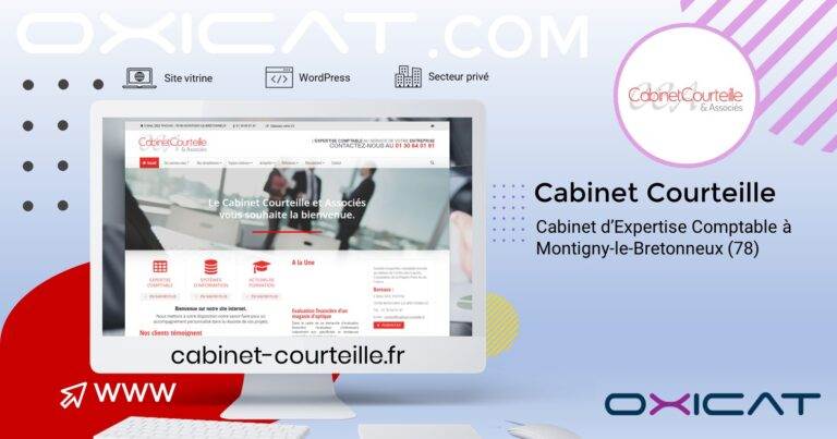 Un écran d'ordinateur affiche le site Internet du Cabinet Courteille. L'arrière-plan comporte le logo de l'entreprise, les coordonnées et un texte sur les services de comptabilité à Montigny-le-Bretonneux. Les icônes du site web, de WordPress et du secteur sont affichées.