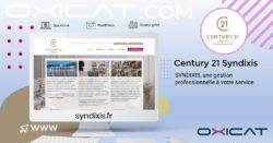 Un graphique promotionnel pour Century 21 Syndixis par Oxicat montre un bureau affichant le site web de Century 21 Syndixis, avec un texte mettant en avant les services de gestion professionnelle et l'URL du site web syndixis.fr.