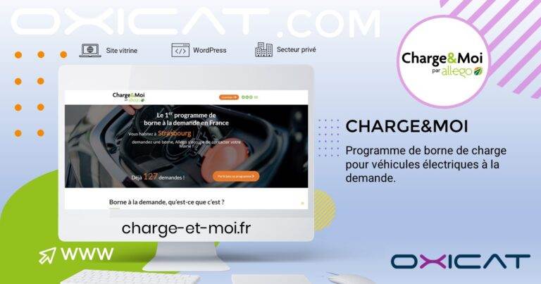 Graphique numérique faisant la promotion de Charge&Moi, un programme de bornes de recharge à la demande pour les véhicules électriques en France. Elle met en scène un écran d'ordinateur affichant le site web, des logos et des éléments de design colorés.