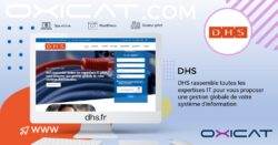 Un écran d'ordinateur affiche la page d'accueil du site web du DHS. Un texte à côté explique que le DHS offre une expertise informatique pour une gestion complète des systèmes d'information. Les logos du DHS et d'Oxicat sont visibles, ainsi que les icônes du site web et de WordPress.