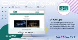 Graphique promotionnel pour DI Groupe représentant un écran d'ordinateur affichant leur site web, le logo de DI Groupe et un texte décrivant leurs services de soutien opérationnel aux entreprises. L'URL du site web et la marque OXICAT sont également visibles.