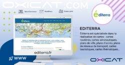 Une diapositive de présentation montrant le site web d'Editerra sur un écran d'ordinateur, avec un texte décrivant la spécialisation d'Editerra dans la création de cartes, et des éléments graphiques tels que des cartes et des formes colorées en arrière-plan.