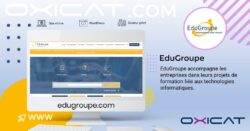 Un graphique promotionnel pour EduGroupe montre un ordinateur affichant le site web d'EduGroupe, avec un texte en français décrivant les services de formation informatique d'EduGroupe pour les entreprises. Des logos et des éléments de design moderne décorent l'image.