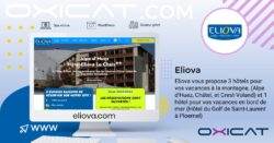 Un écran d'ordinateur affiche le site Internet d'Eliova, qui présente des hôtels de montagne. L'arrière-plan comprend le logo Eliova, un texte sur les offres d'hôtels de vacances d'Eliova et le logo Oxicat avec des icônes de sites web au-dessus.