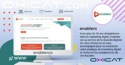 Un graphique promotionnel pour Enablers, montrant un écran d'ordinateur avec leur site web, les logos pour site vitrine, WordPress, et secteur privé, et un texte en français soulignant plus de 10 ans d'expérience dans le marketing numérique.