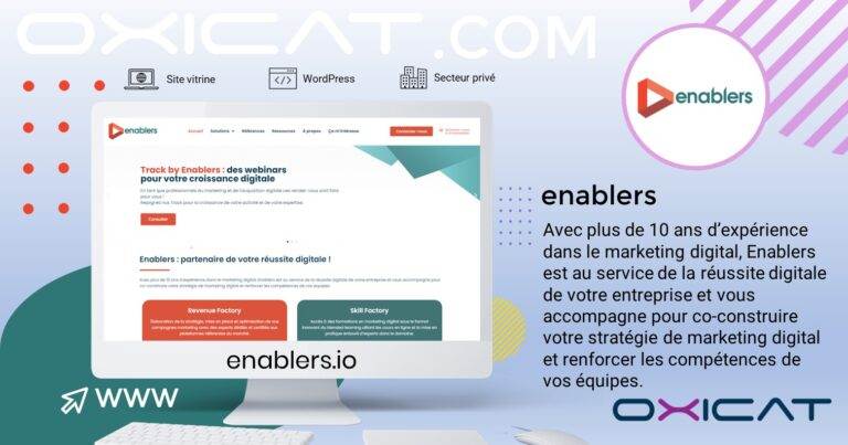 Un graphique promotionnel pour Enablers, montrant un écran d'ordinateur avec leur site web, les logos pour site vitrine, WordPress, et secteur privé, et un texte en français soulignant plus de 10 ans d'expérience dans le marketing numérique.