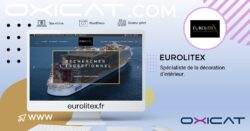 Une diapositive de présentation comportant le logo EUROLITEX, une capture d'écran d'un site web avec une image de bateau de croisière, et un texte indiquant EUROLITEX Spécialiste de la décoration d'intérieur avec les détails du site web : eurolitex.fr.