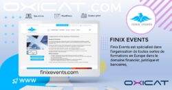 Une bannière promotionnelle pour Finix Events, montrant leur site web sur un écran d'ordinateur. Le texte souligne qu'ils organisent des formations financières, juridiques et bancaires en Europe. Le logo de Finix Events est également affiché.