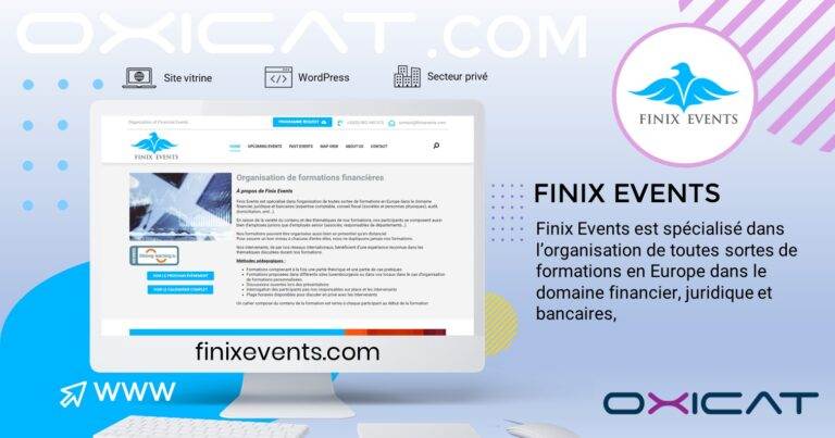 Une bannière promotionnelle pour Finix Events, montrant leur site web sur un écran d'ordinateur. Le texte souligne qu'ils organisent des formations financières, juridiques et bancaires en Europe. Le logo de Finix Events est également affiché.