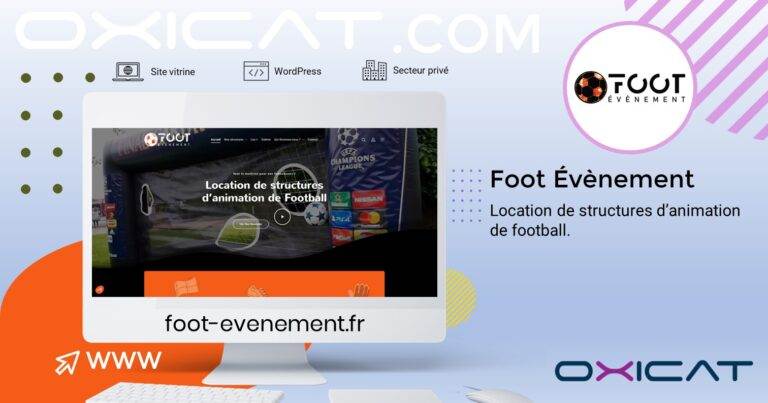 Une publicité pour Foot Évènement, mettant en scène un ordinateur affichant leur site internet, avec le texte Location de structures d'animation de football et l'adresse foot-evenement.fr sur un fond graphique moderne.