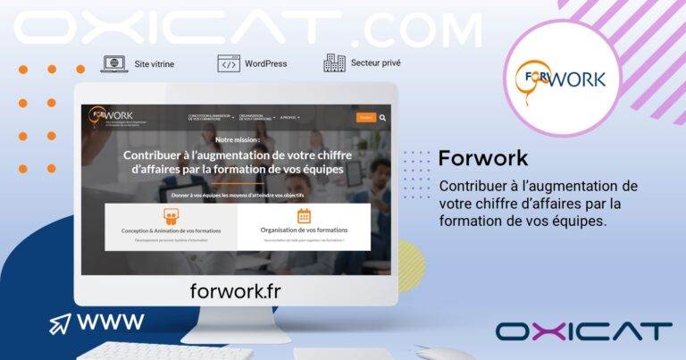 Une maquette de site web pour Forwork est affichée sur un écran d'ordinateur, promouvant la croissance des entreprises par la formation des équipes. Le site comporte des icônes de navigation et le slogan Contribuer à l'augmentation de votre chiffre d'affaires.