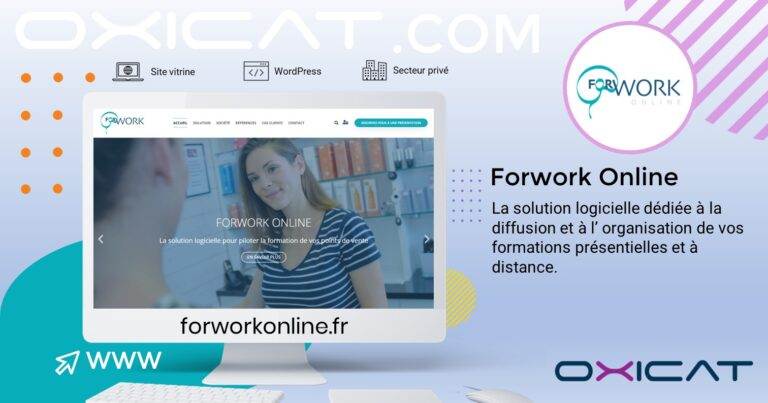 Image de promotion du logiciel Forwork Online, montrant son logo, un écran d'ordinateur avec la page d'accueil, et un texte en français le décrivant comme une solution pour organiser et distribuer des formations en personne et à distance. Site web : forworkonline.fr.