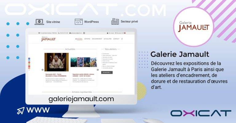 Capture d'écran de la page du site web de la Galerie Jamault avec une introduction en français sur ses expositions d'art et ses ateliers de restauration à Paris. Le design présente un écran d'ordinateur, des logos et des motifs géométriques.