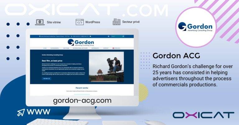 Un graphique promotionnel pour Gordon ACG présente leur site web sur un écran, une brève description de leurs services de publicité, et des icônes pour WordPress et le secteur privé. Le texte indique "gordon-acg.com" et "OXICAT".