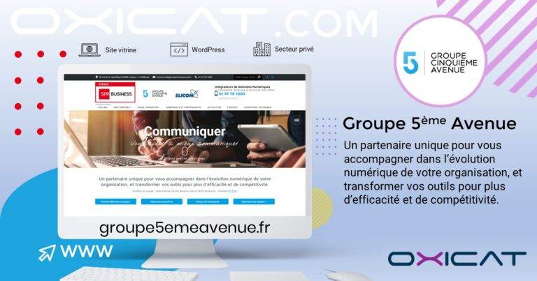 Capture d'écran du site web du Groupe 5ème Avenue sur un écran d'ordinateur, avec un texte descriptif de leurs services de solutions numériques, un logo, des icônes web et le lien du site web sur un fond dégradé.