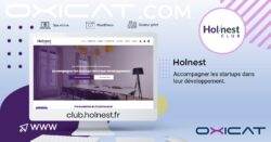 Un graphique promotionnel pour le club Holnest montre un écran d'ordinateur affichant leur site web. Le texte est le suivant : "Accompagner les startups dans leur développement : Accompagner les startups dans leur développement. L'adresse du site web est club.holnest.fr. Le graphisme utilise des tons violets et blancs.