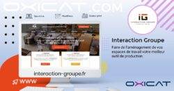 Graphique numérique montrant un écran d'ordinateur avec le site Web d'Interaction Groupe, présentant des images d'espaces de travail de bureau. Un texte décrit leur service : Faire de l'aménagement de vos espaces de travail votre meilleur outil de production.