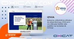 Un graphique numérique montre un écran d'ordinateur affichant le site web d'IZIVIA, entouré d'éléments de marque et d'un texte sur les solutions de recharge de véhicules électriques d'IZIVIA pour les entreprises et les particuliers, avec l'adresse web izivia.com affichée.