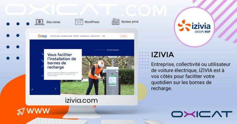Un graphique numérique montre un écran d'ordinateur affichant le site web d'IZIVIA, entouré d'éléments de marque et d'un texte sur les solutions de recharge de véhicules électriques d'IZIVIA pour les entreprises et les particuliers, avec l'adresse web izivia.com affichée.