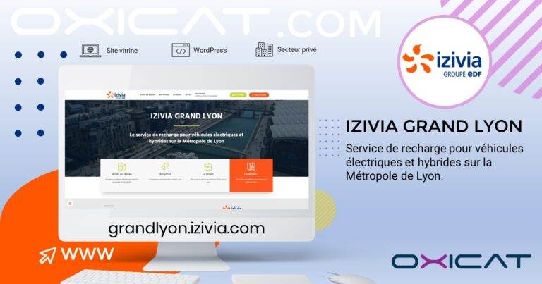 Un graphique promotionnel pour Izivia Grand Lyon montre un écran de bureau affichant le site web d'Izivia pour la recharge des véhicules électriques à Lyon. Le texte met en avant les services et l'adresse du site, ainsi que des logos et des éléments décoratifs.