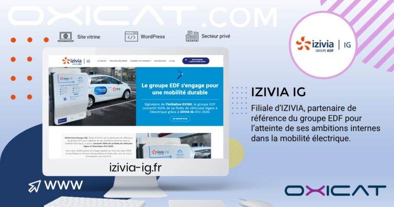 Une bannière promotionnelle numérique pour IZIVIA IG affiche son site web sur un écran d'ordinateur, avec le chargement de véhicules électriques et le logo IZIVIA. Le texte souligne l'importance accordée par IZIVIA IG à la mobilité durable et au transport électrique.