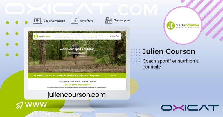Un écran d'ordinateur affiche le site Internet de Julien Courson, coach sportif et nutritionnel à domicile. À côté, on peut lire Julien Courson, Coach sportif et nutrition à domicile, avec l'URL du site et des images de marque en arrière-plan.